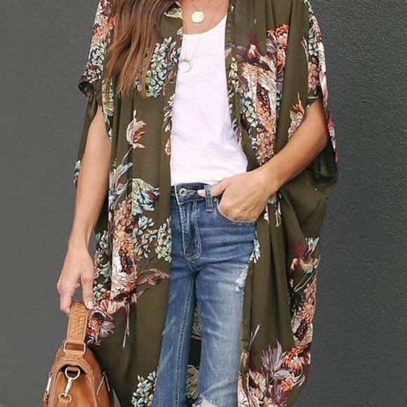 Womens Floral Kimono Duster Cardigans Short Sleeve Draped Oversized Beach Cover - Picture 3 of 6